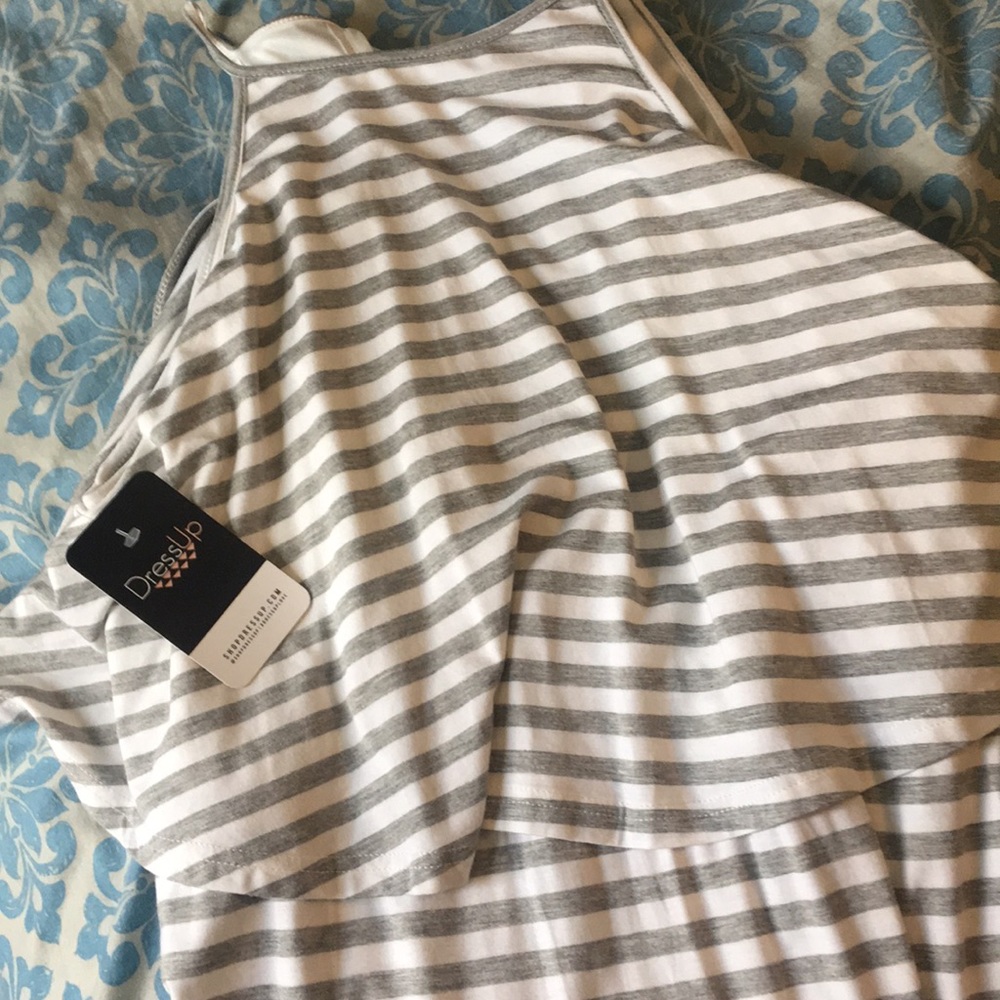 Gray and white striped maxi dress